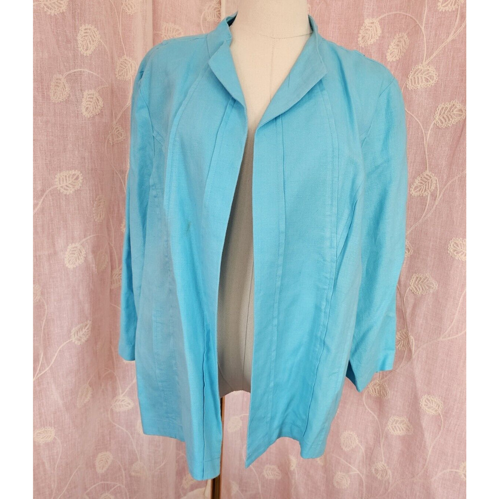 Chicos Core 100% Linen Corey Mandarin Open Jacket Turquoise 3/4 Sleeve XL‎ 3